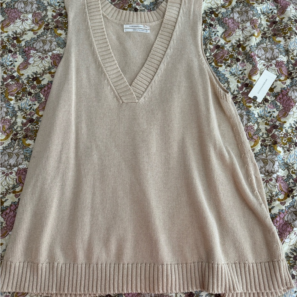 Anthropologie Tan V-Neck Sleeveless Sweater
